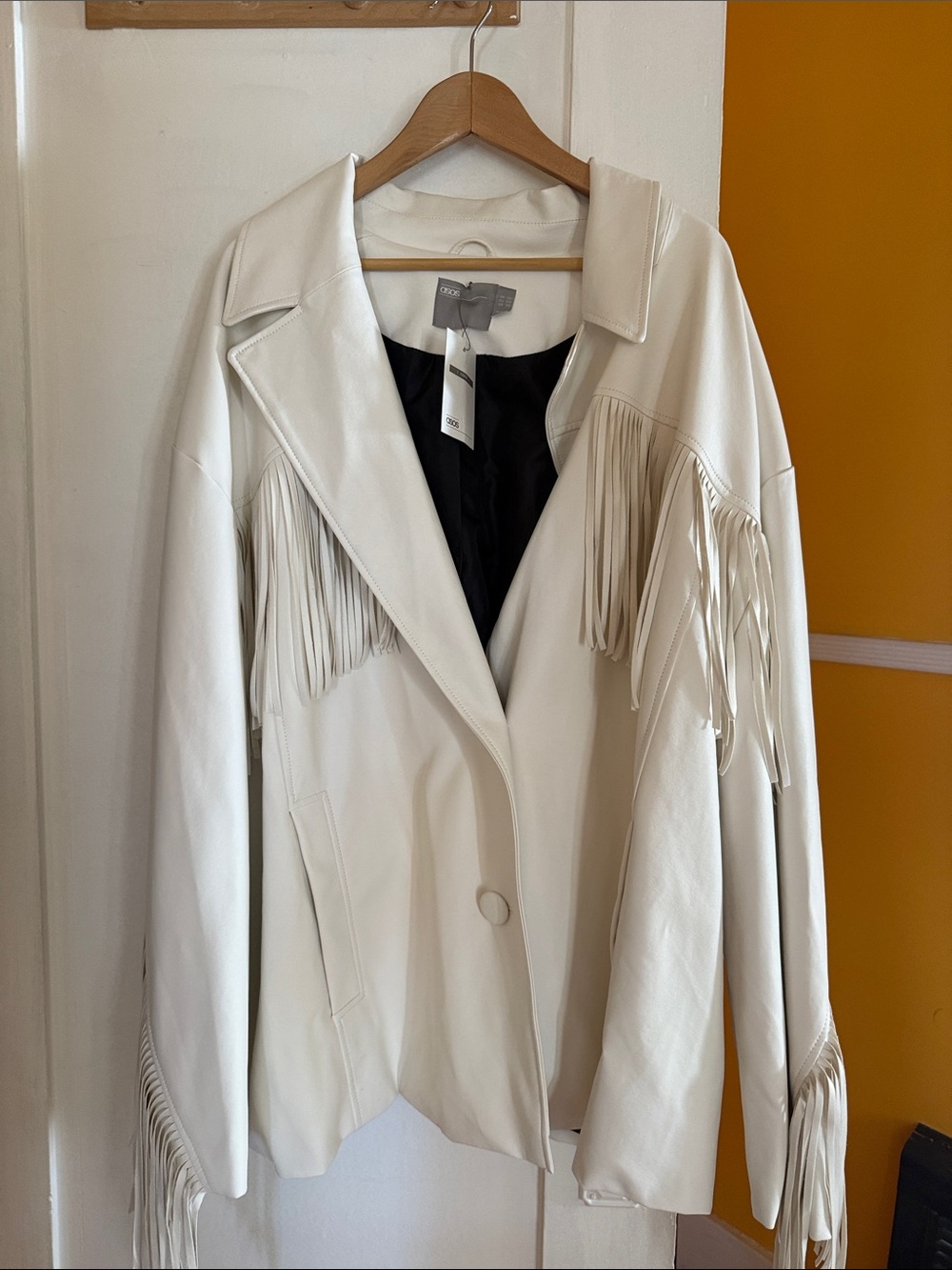ASOS Curve DESIGN faux leather fringed rodeo biker jacket in white